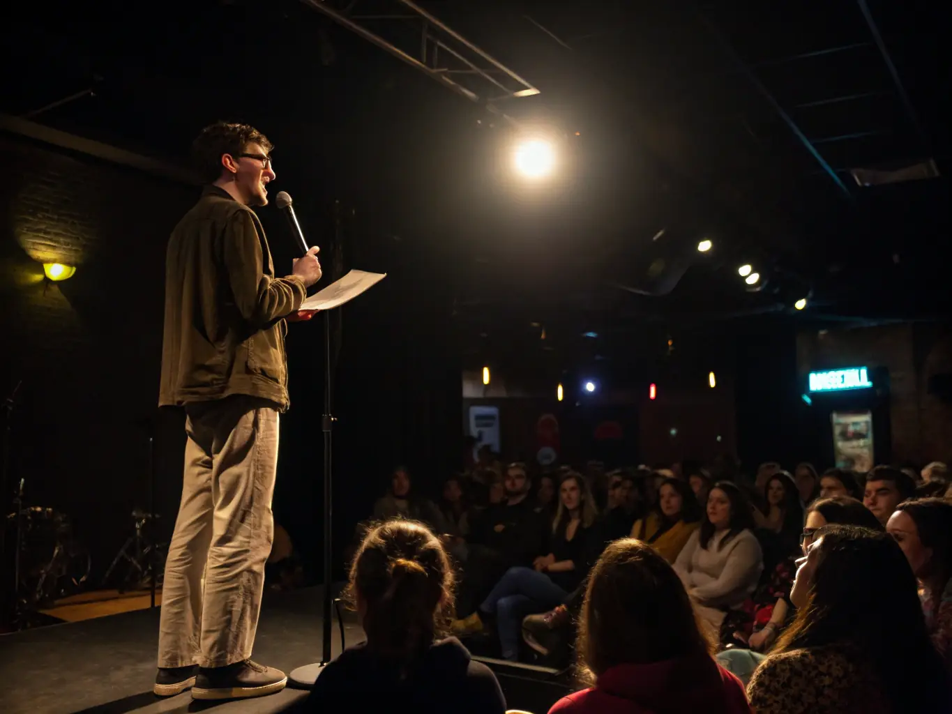 A close-up shot of a poetry slam event, with a poet passionately reciting their work in front of an attentive audience. The background is a cozy, dimly lit venue, creating an intimate and engaging atmosphere.