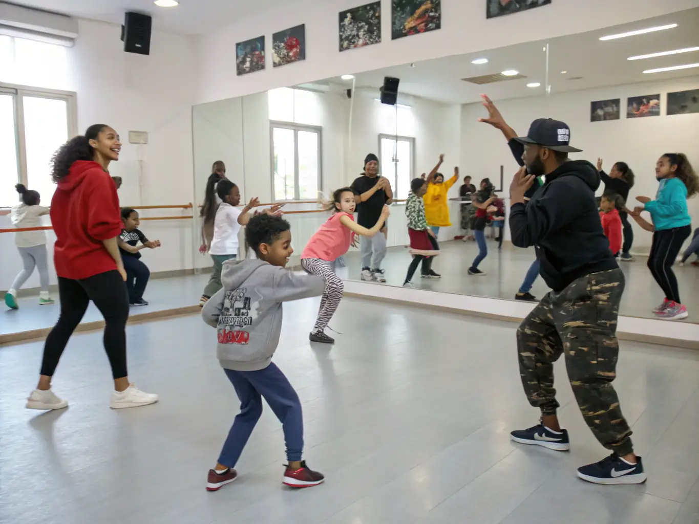 A vibrant photograph capturing a dance workshop in progress, with participants of various ages and backgrounds engaged in learning new dance techniques. The setting is a well-lit studio with mirrors and wooden floors, creating an atmosphere of energy and creativity.