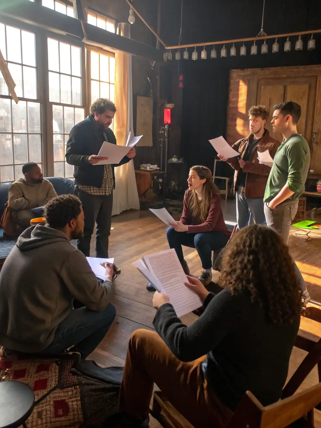 A dynamic image of a theater atelier, showing actors rehearsing a scene with guidance from a director, highlighting LA ET LA's dedication to nurturing theatrical talent and fostering collaborative creativity.