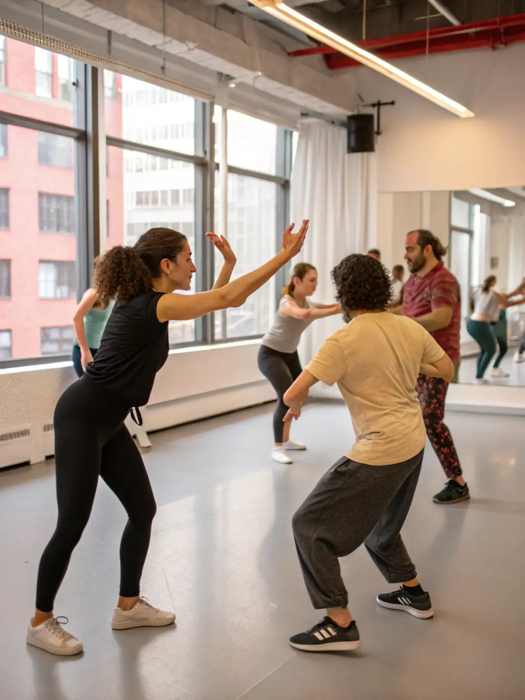 A vibrant photograph capturing a dance workshop in progress, with participants of diverse backgrounds engaged in learning contemporary dance techniques, showcasing LA ET LA's commitment to accessible dance education.