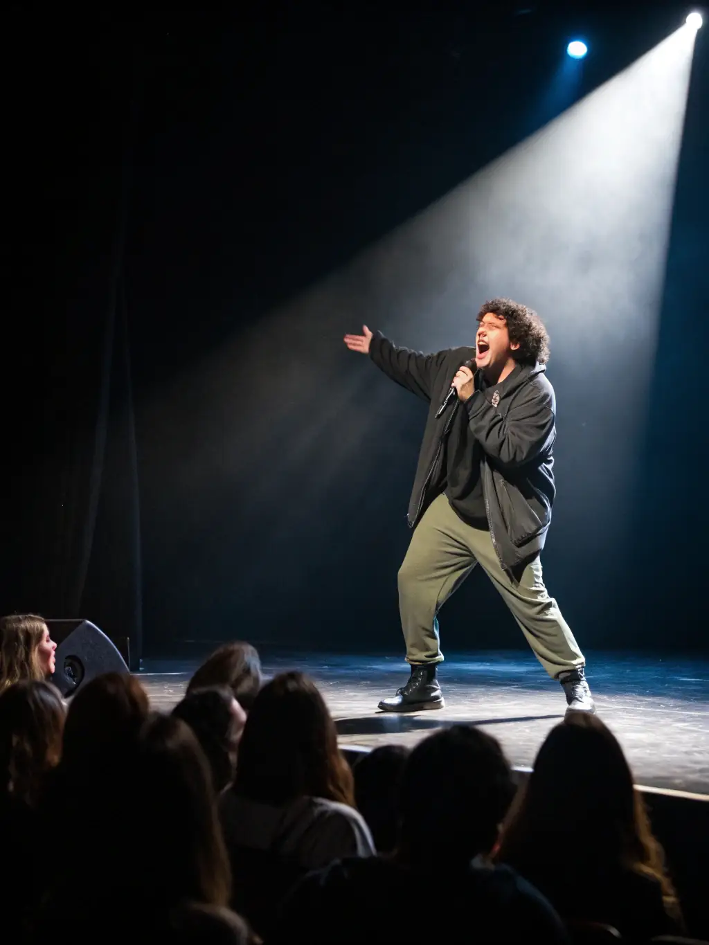 A striking photograph of a live performance art event, showcasing an artist interacting with the audience in a thought-provoking and visually stunning performance, illustrating LA ET LA's commitment to pushing artistic boundaries.