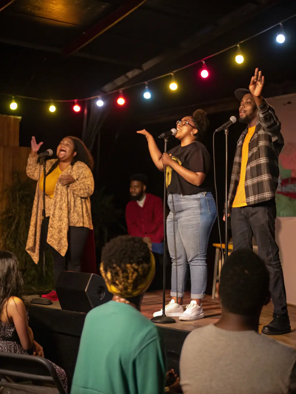 A visually striking image of a poetry slam, with a poet passionately reciting their work, surrounded by an attentive audience, highlighting the power of spoken word.