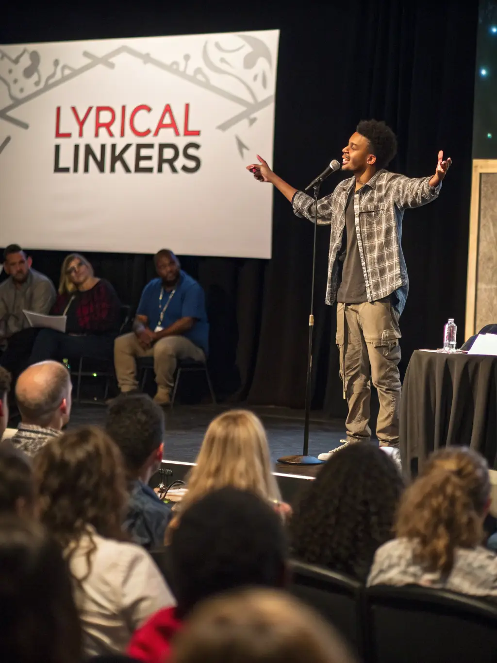 A captivating image of a poetry slam event, featuring a poet passionately reciting their work to an engaged audience, emphasizing LA ET LA's support for spoken word artists and the power of poetry.