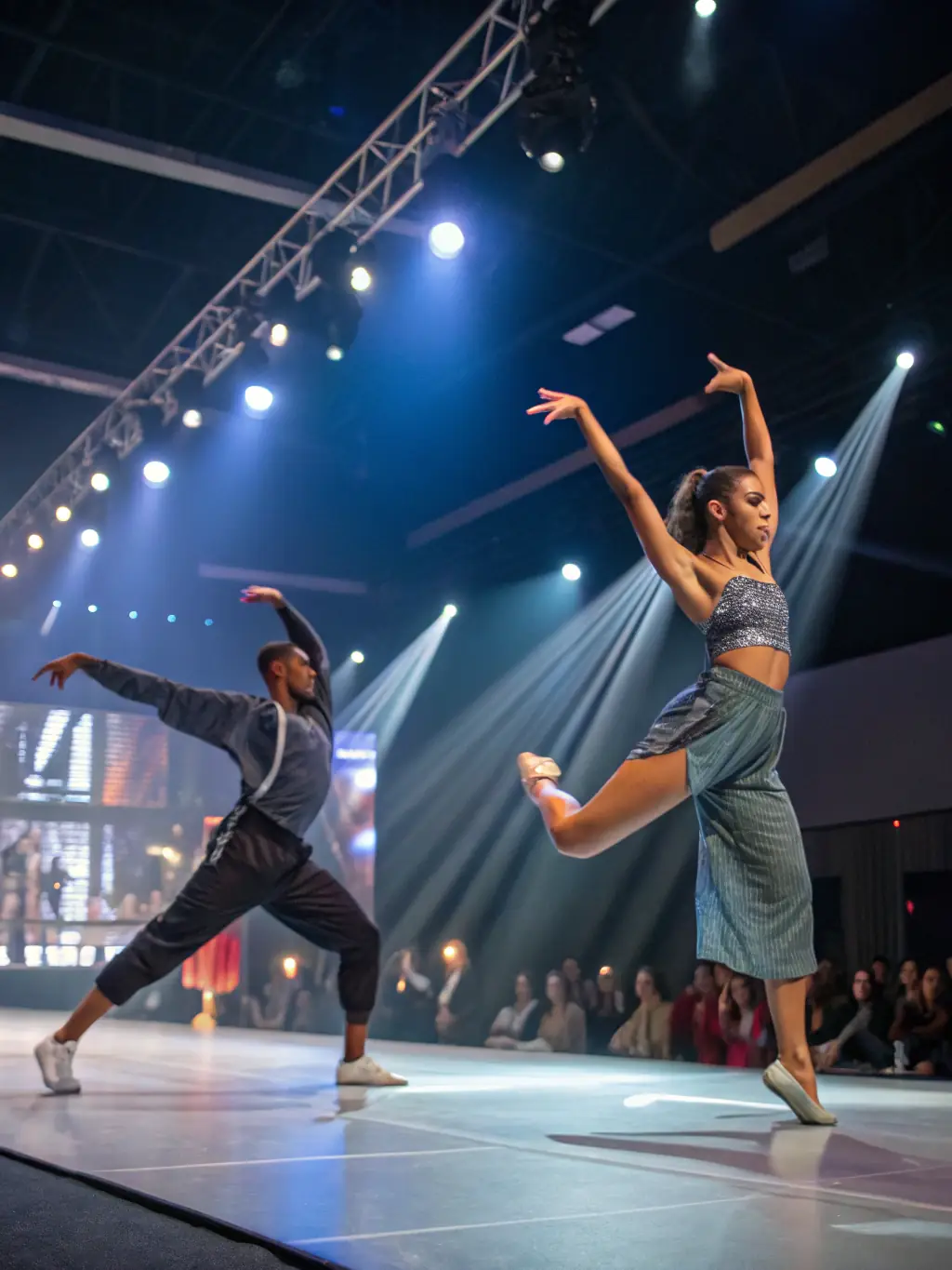 A captivating image of a live performance art piece, with artists interacting with the environment and audience, demonstrating the innovative and experimental nature of LA ET LA's live performance arts programs.