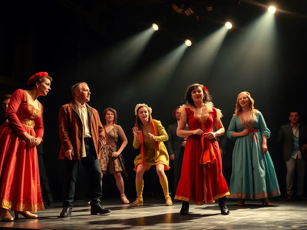 A dynamic image showcasing a theater performance, with actors in costume on stage, delivering a powerful scene. The lighting is dramatic, highlighting the emotions and intensity of the performance.