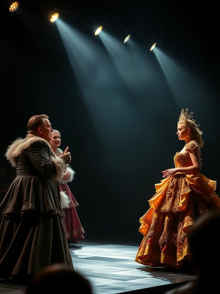 A photograph capturing a theater performance, with actors in elaborate costumes on stage, conveying the drama and artistry of LA ET LA's theatrical productions.
